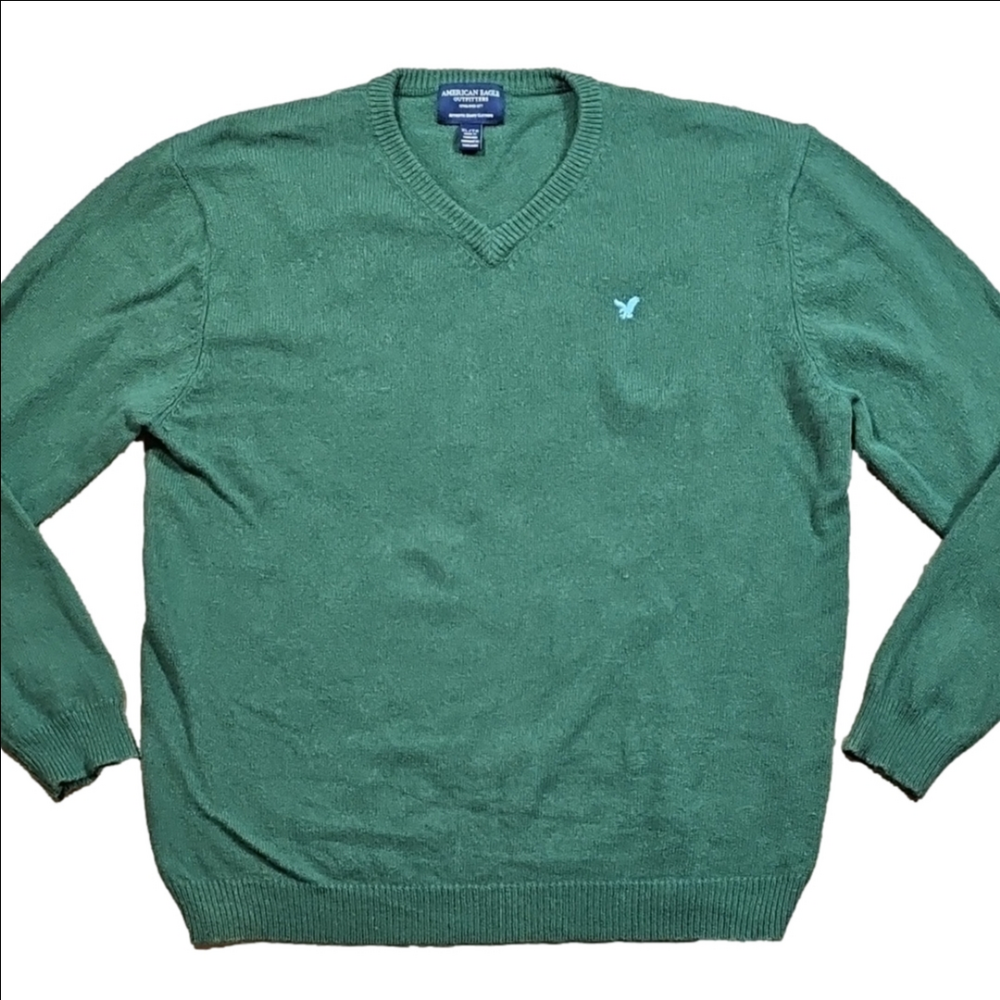 American Eagle Wool Cotton Blend Knit Forest Green V Neck Pullover Sweater - Picture 2 of 13